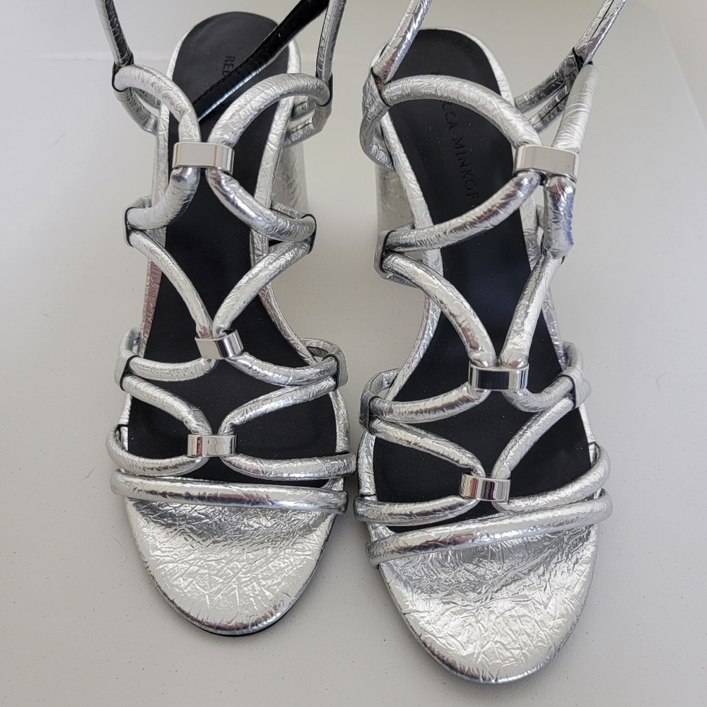 Rebecca Minkoff Appoline silver metallic strappy heels 8.5 round heel - Picture 8 of 8
